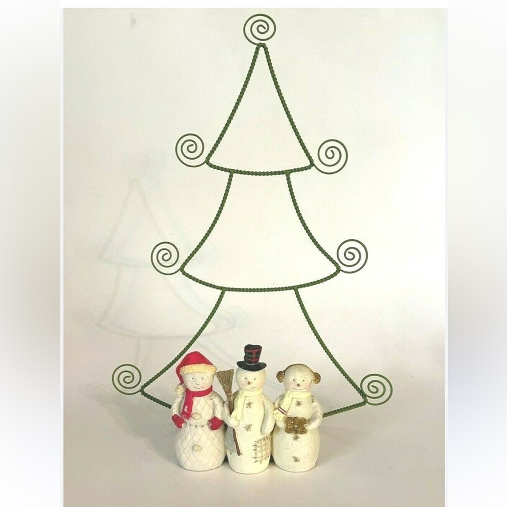 Hallmark Vintage Christmas Card Holder Festive Snowman Trio with Green Wire Tree